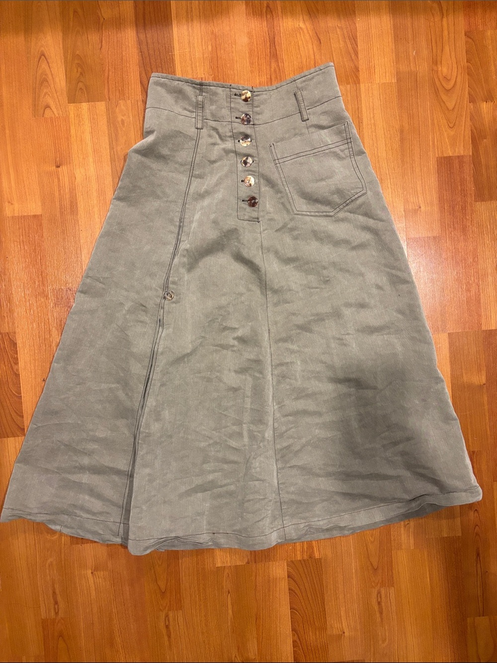 High-Waist A-Line Button-Front Skirt in Sage Green/Grey - Picture 1 of 5